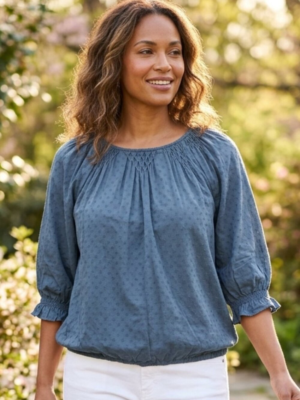 NWT Democracy Smocked Neck Peasant Blouse Slate Blue Textured Top Petite Large
